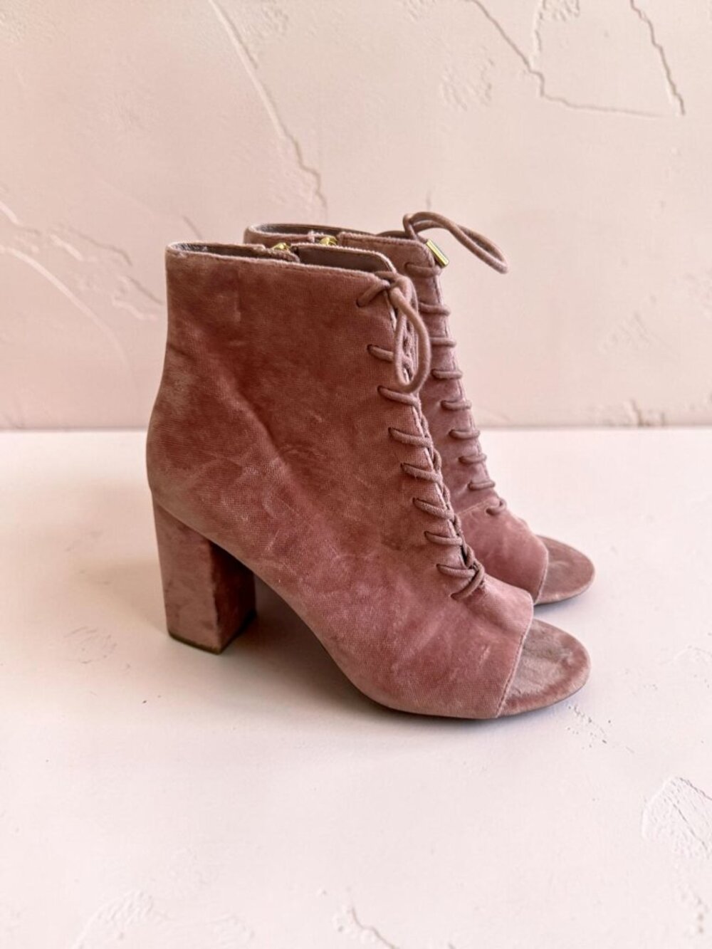 JOIE Pink Velvet Laceup Booties Heels Size 39 / US 9